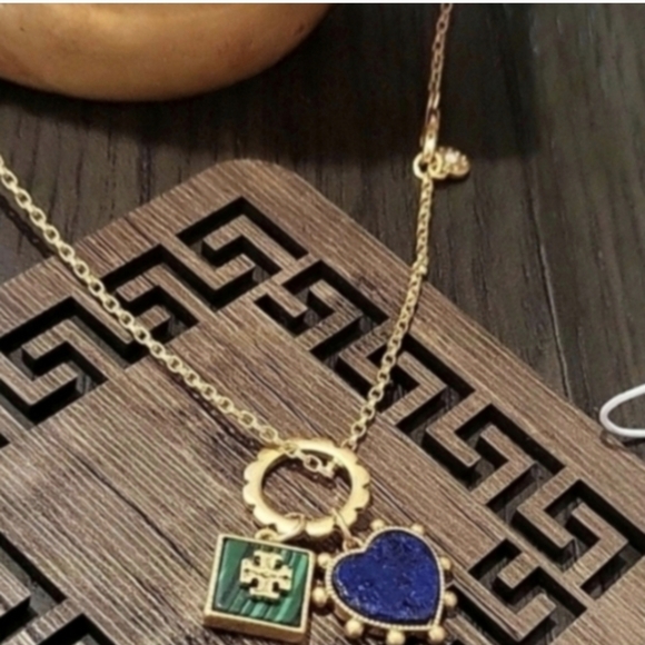 Tory Burch Gold Necklace with Blue Heart and Green Square - Picture 2 of 3
